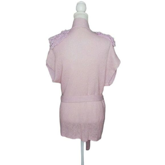 Rebecca Moses Mohair Blend Tie Waist Cardigan Cap Sleeve Fringe Lavender Large - Picture 2 of 5